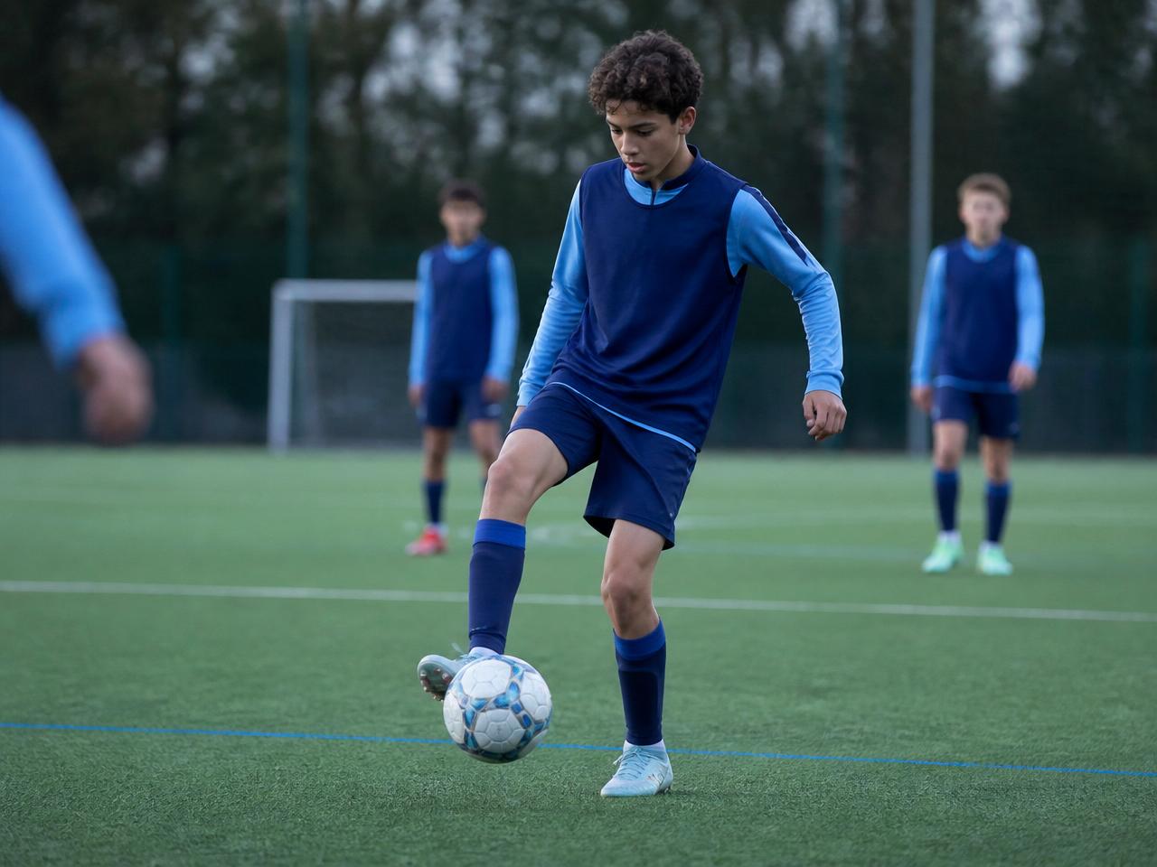 Pathway Football Academy player executing a precise first touch in a technical drill