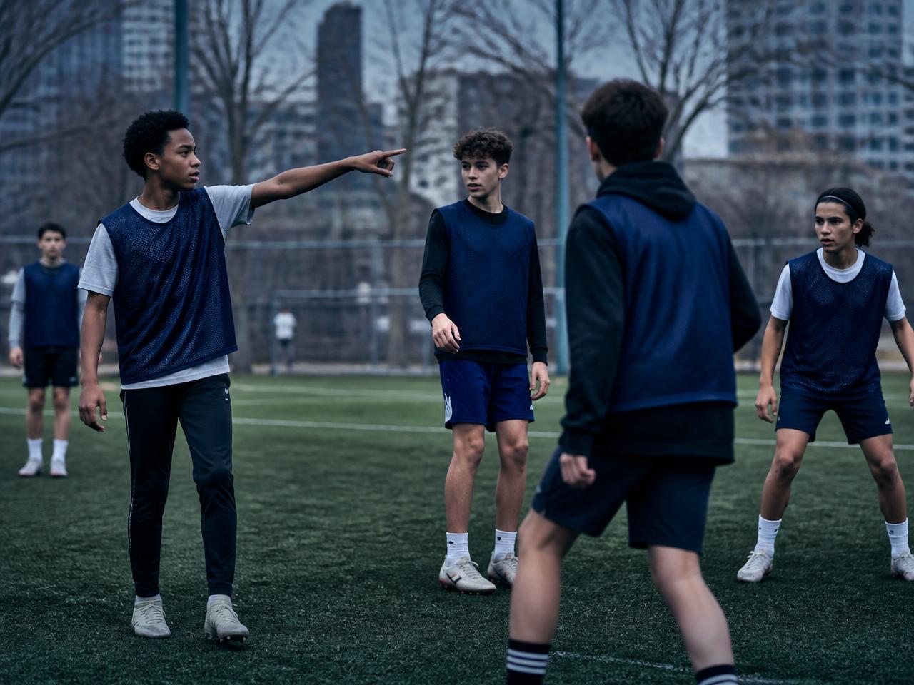 Pathway Football Academy players communicating and positioning across the pitch