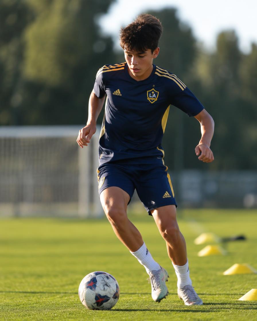 Youth soccer player in a navy and gold kit training with the ball on a grass field