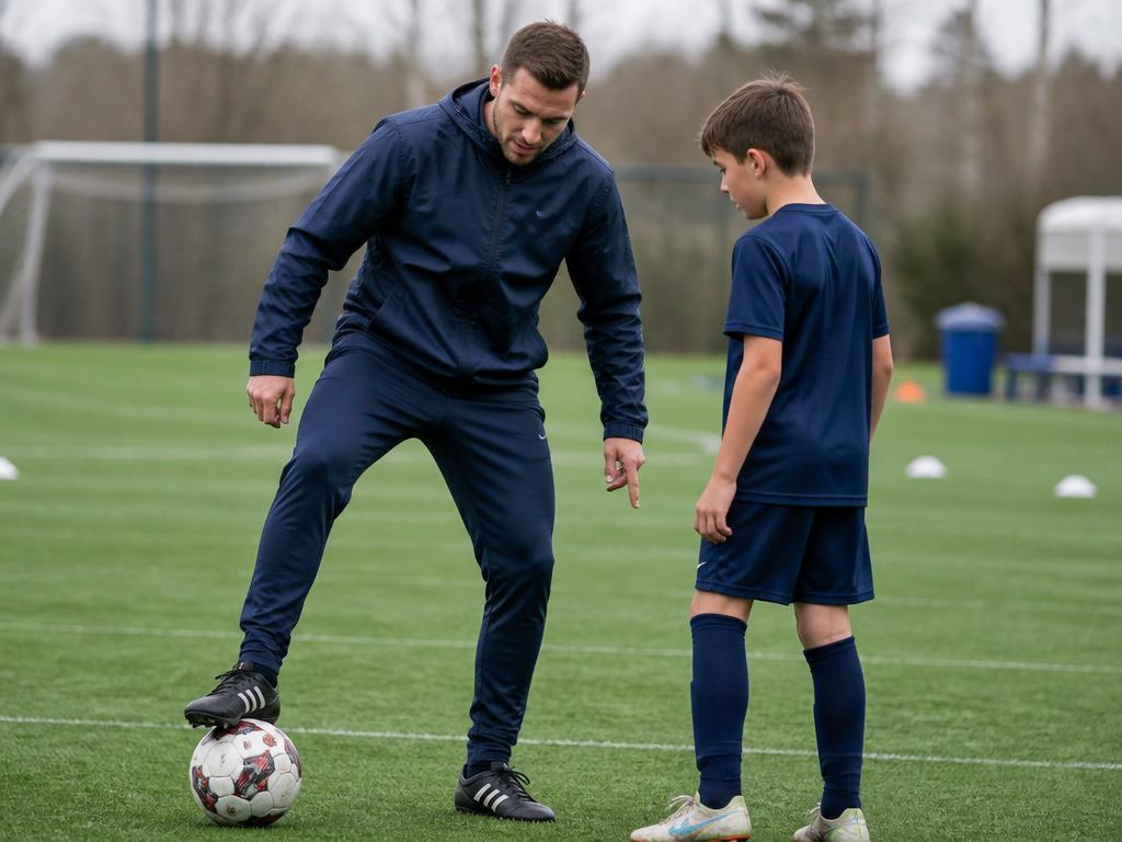 Pathway Football Academy coach demonstrating technique one-on-one to a young player