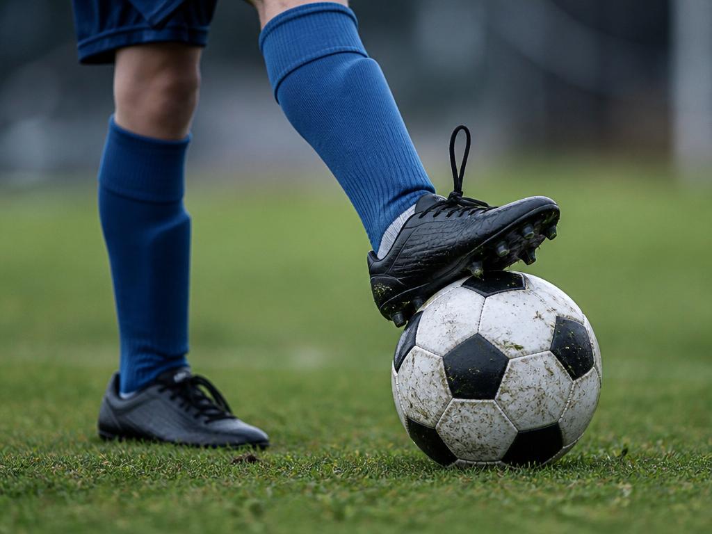 Close-up of a Pathway Football Academy player's cleat resting on a soccer ball