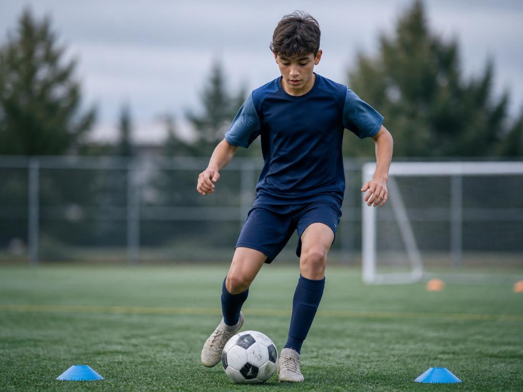 Pathway Football Academy player in a technical footwork training drill