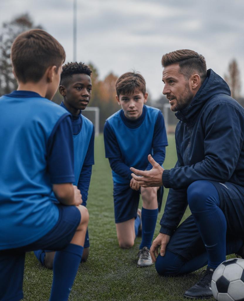Pathway Football Academy coach giving instruction to a small group of young players