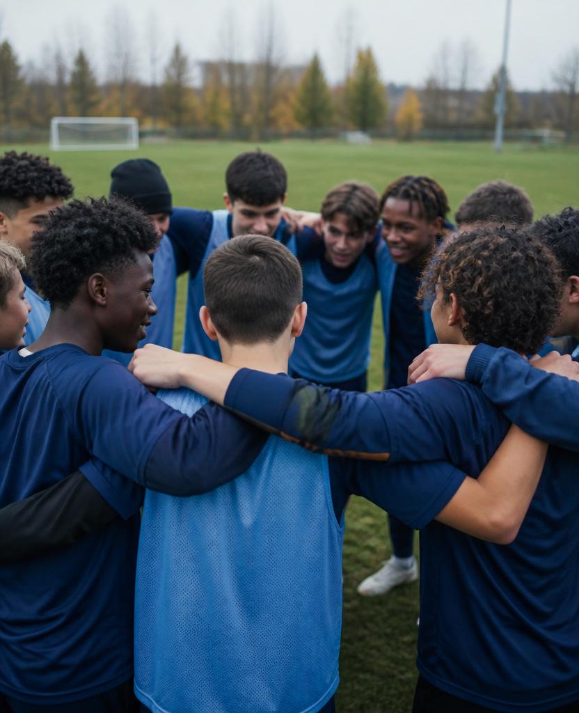 Pathway Football Academy team huddle showing camaraderie after a training session