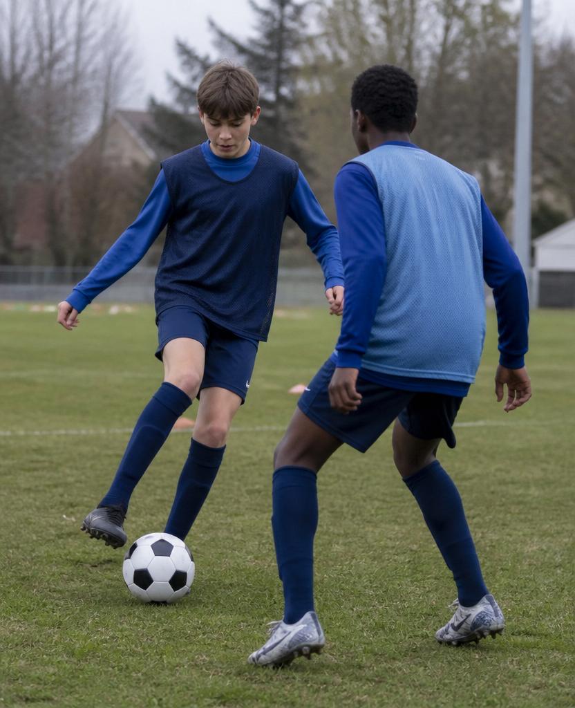 Two Pathway Football Academy youth players in a technical passing drill on the pitch